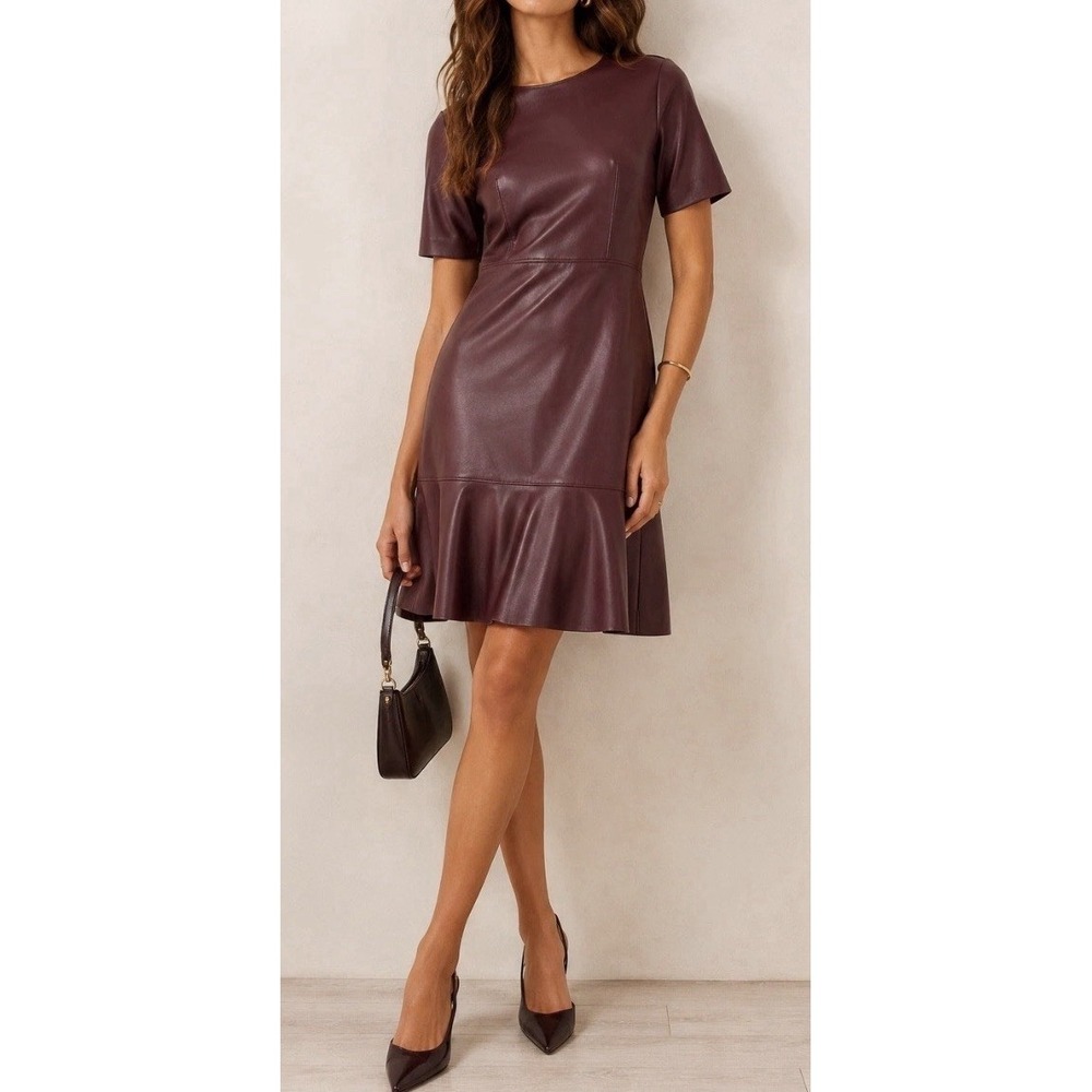 NWT Ann Taylor Faux Leather Flounce Hem Dress Burgundy Wine Sz 6 Preppy Classic